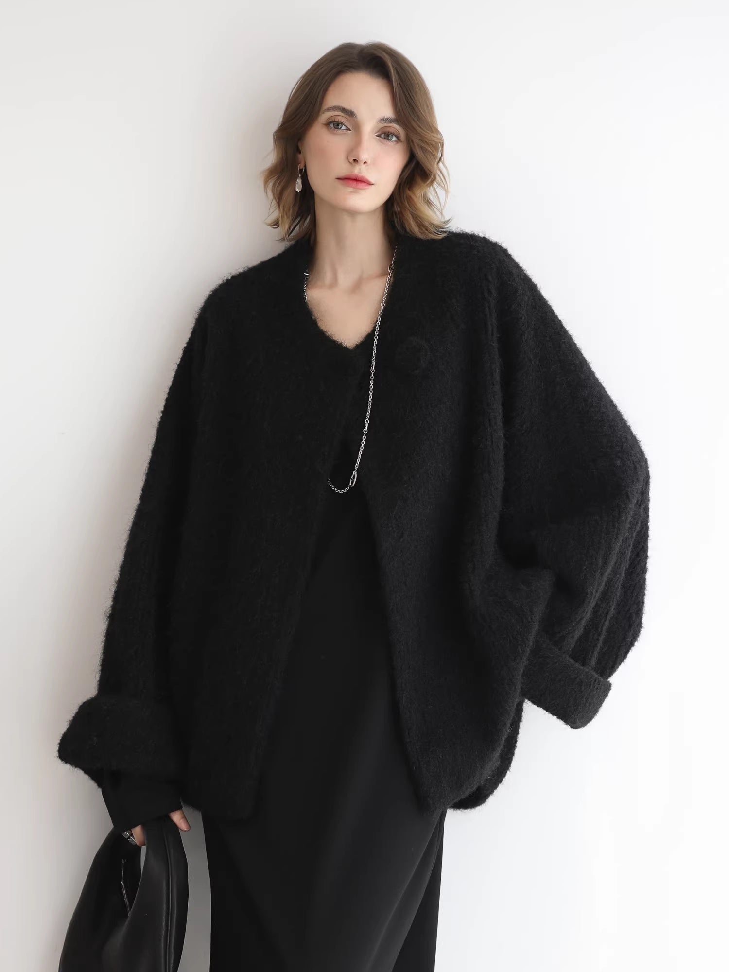 COCOBELLA_Minimalist_Asymmetric_V_Neck_Longsleeve_Loose_Waist_Office_Black_Tencel_Dresses_MISSTT