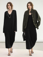 COCOBELLA Minimalist Asymmetric V Neck Longsleeve Loose Waist Office Black Tencel Dresses