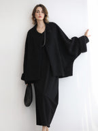 COCOBELLA Minimalist Asymmetric V Neck Longsleeve Loose Waist Office Black Tencel Dresses