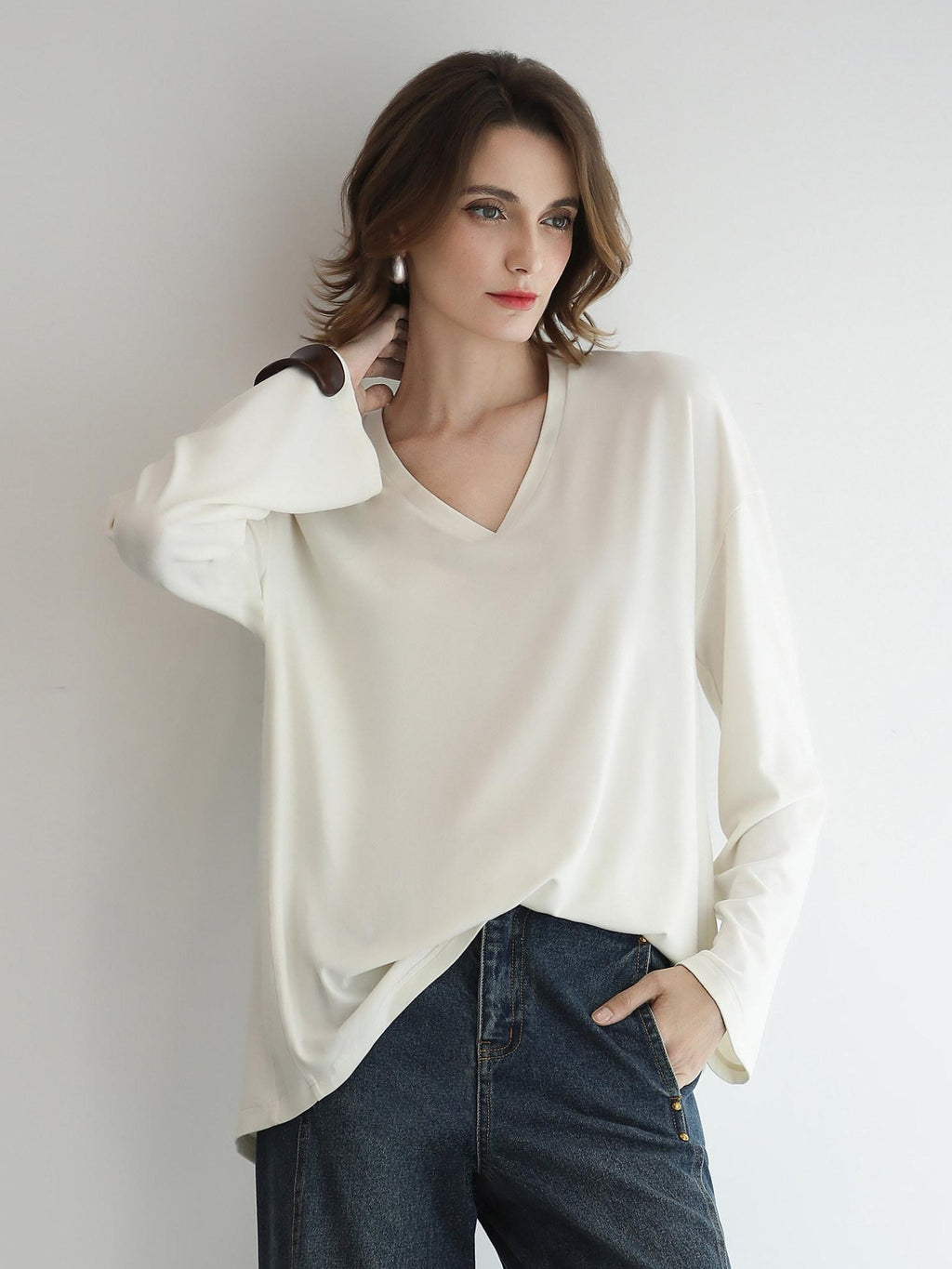 COCOBELLA Minimalist Brushed V Neck Loose Fit Long Sleeve Anti Static Women Shirts