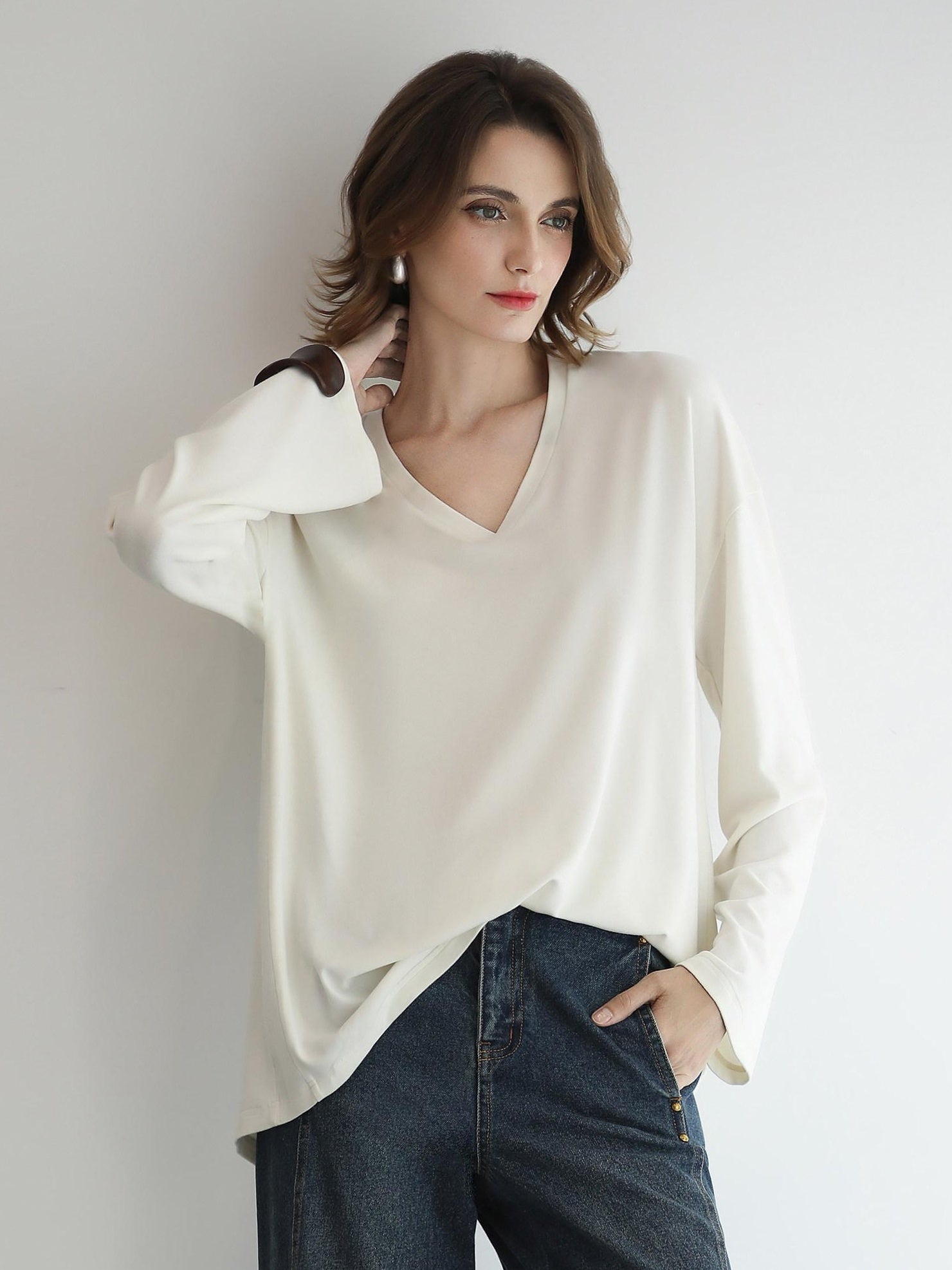 COCOBELLA Minimalist Brushed V Neck Loose Fit Long Sleeve Anti Static Women Shirts