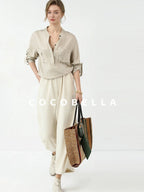 COCOBELLA Minimalist Office Natural Waist Wide Leg Loose Fit Black Almond Polyester Pants