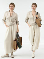 COCOBELLA Minimalist Office Natural Waist Wide Leg Loose Fit Black Almond Polyester Pants