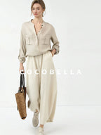 COCOBELLA Minimalist Office Natural Waist Wide Leg Loose Fit Black Almond Polyester Pants