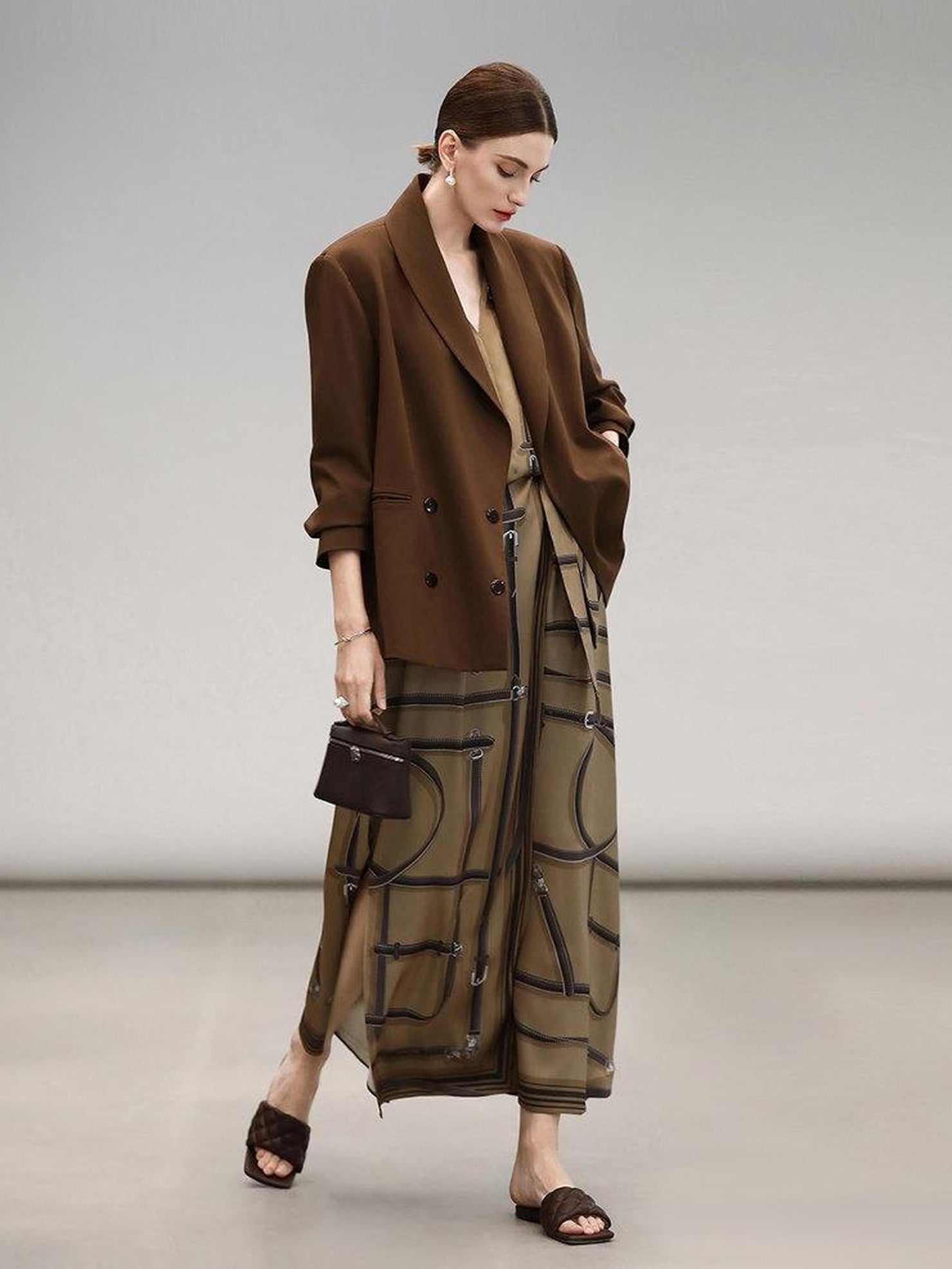 COCOBELLA Mocha Brown Straight Cut Button Pocket Office Workwear Women Regular Blazers