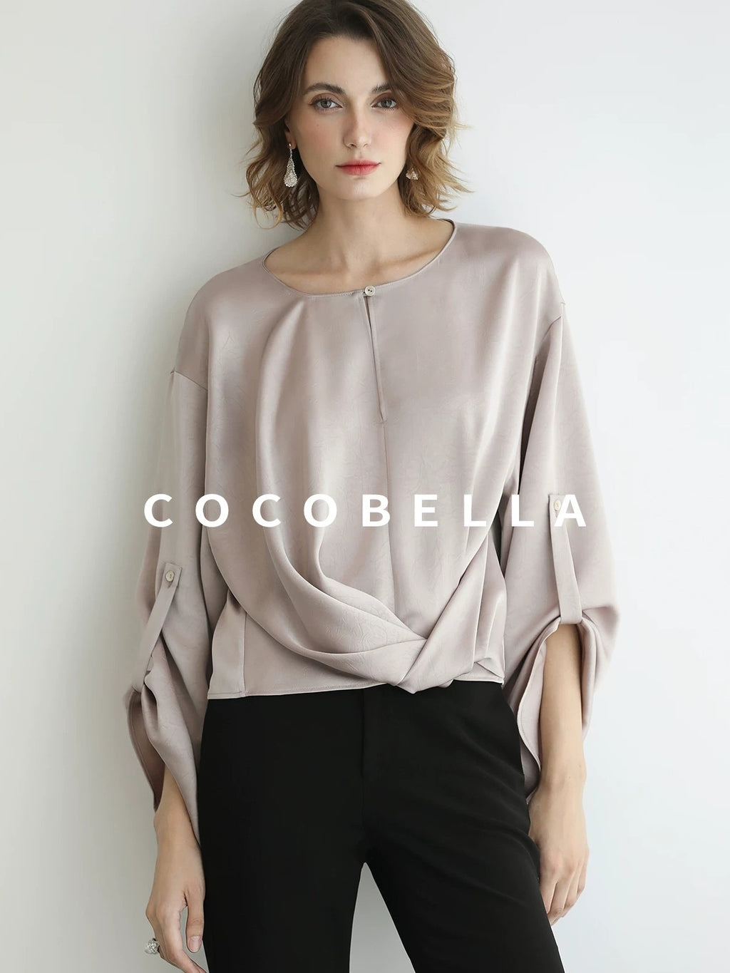 COCOBELLA Monet Pink Relaxed Button Flare Long Sleeve Office Crew Solid Pullover T-Shirts