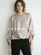 COCOBELLA Monet Pink Relaxed Button Flare Long Sleeve Office Crew Solid Pullover T-Shirts