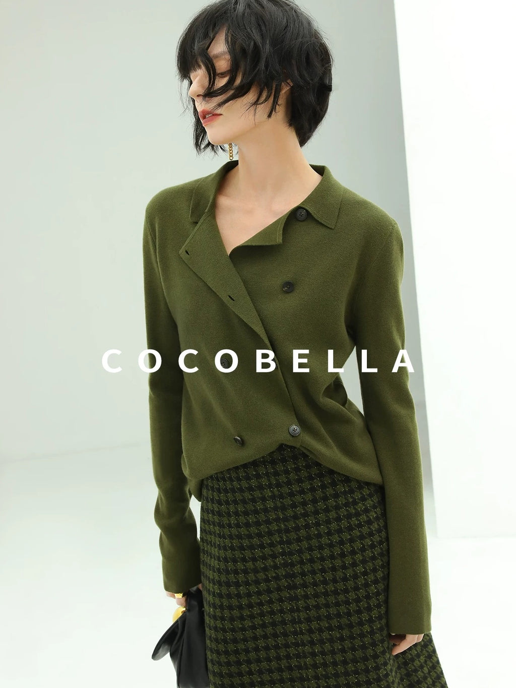 COCOBELLA Olive Green Double Breasted Cardigan Straight Fit Commuter Womens Knit Sweater