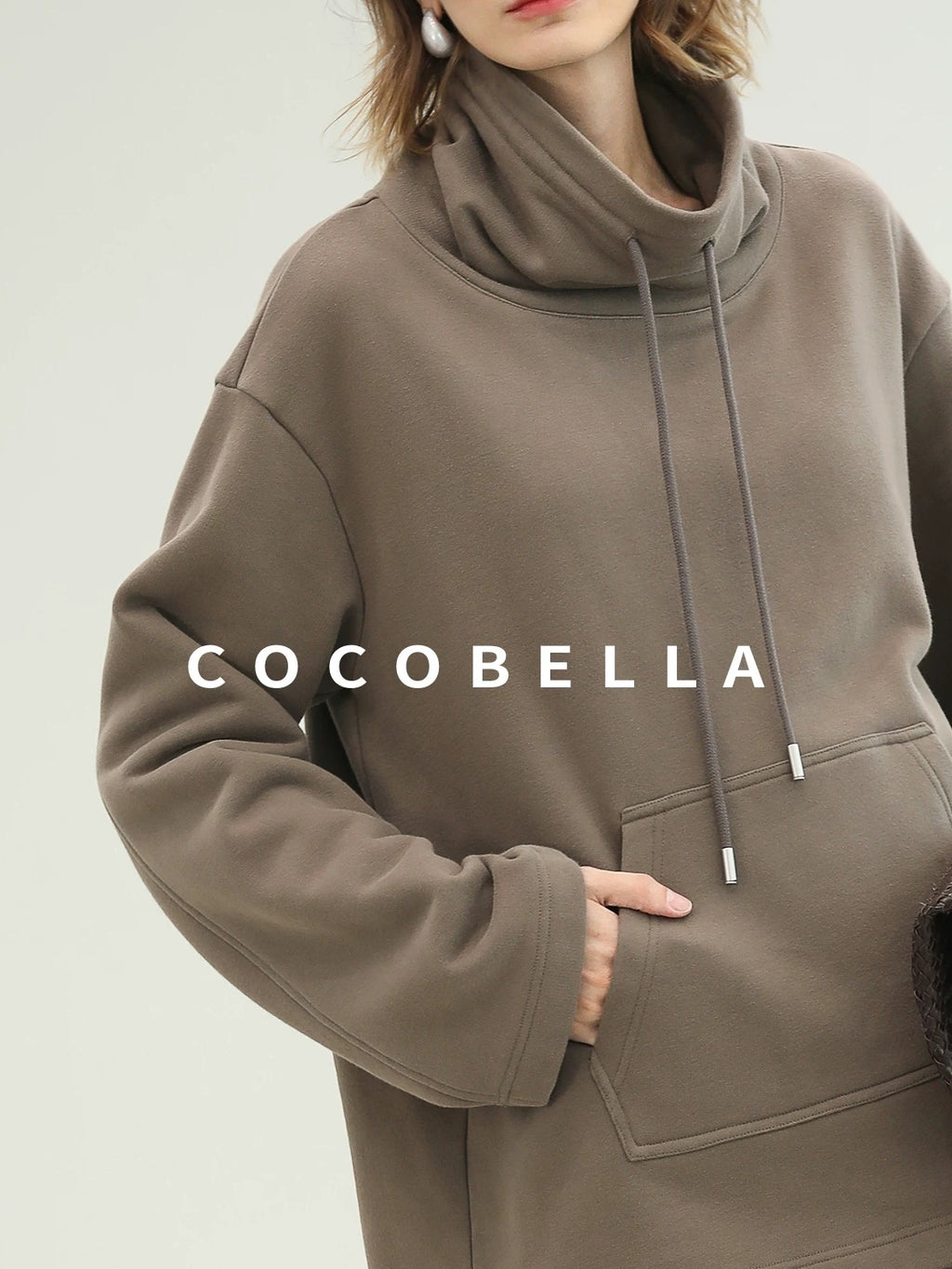 COCOBELLA Oversized Drawstring Kangaroo Pocket High Neck Pullover Casual Women Sweatshirts