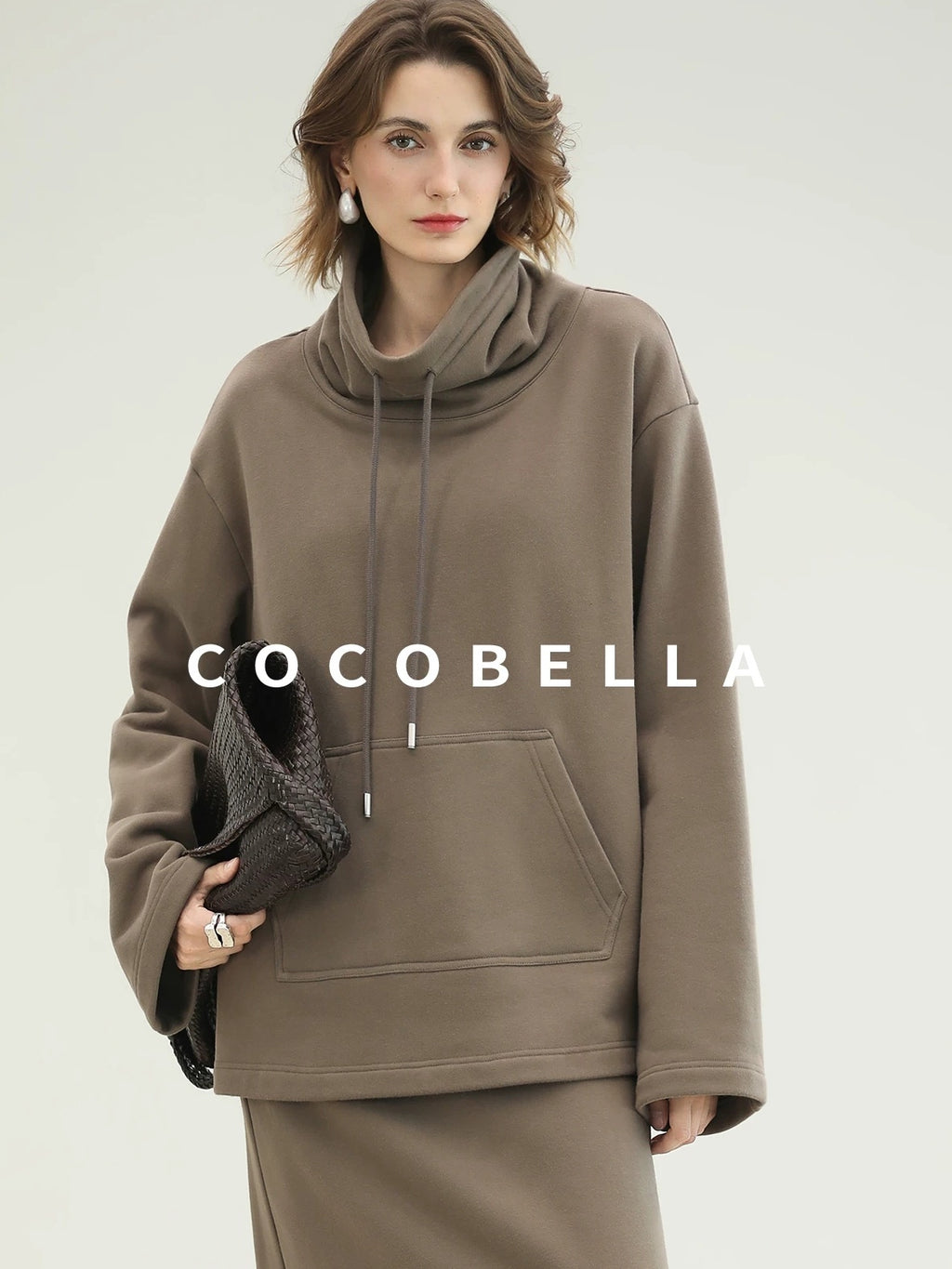 COCOBELLA Oversized Drawstring Kangaroo Pocket High Neck Pullover Casual Women Sweatshirts