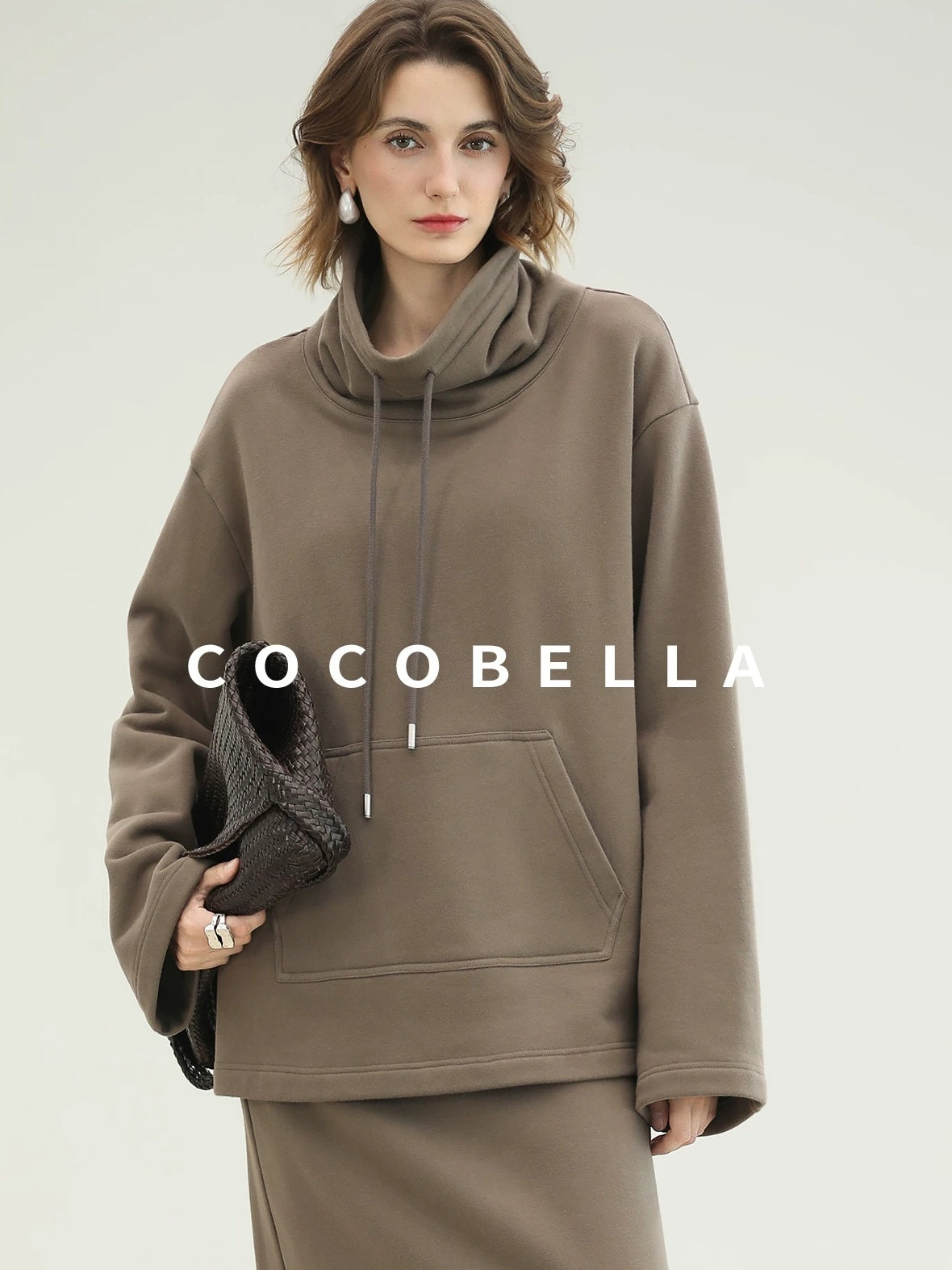 COCOBELLA Oversized Drawstring Kangaroo Pocket High Neck Pullover Casual Women Sweatshirts