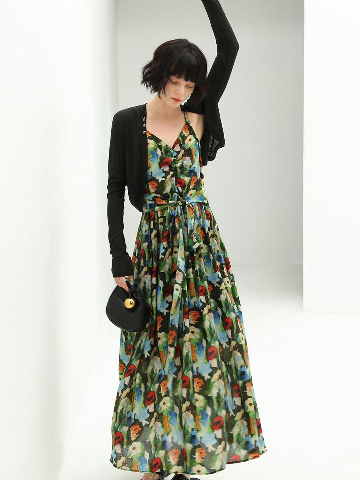 COCOBELLA Painterly Floral V Neck Ruched Tie Strap A Line Women Work Slip Dresses