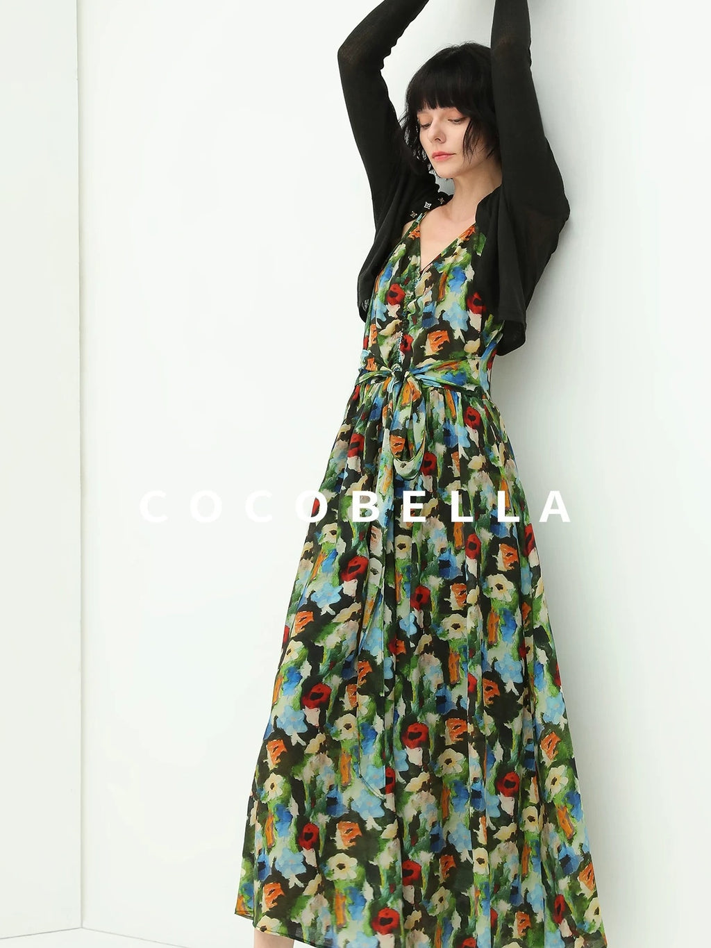 COCOBELLA Painterly Floral V Neck Ruched Tie Strap A Line Women Work Slip Dresses