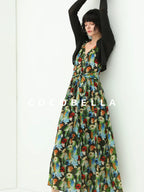 COCOBELLA Painterly Floral V Neck Ruched Tie Strap A Line Women Work Slip Dresses