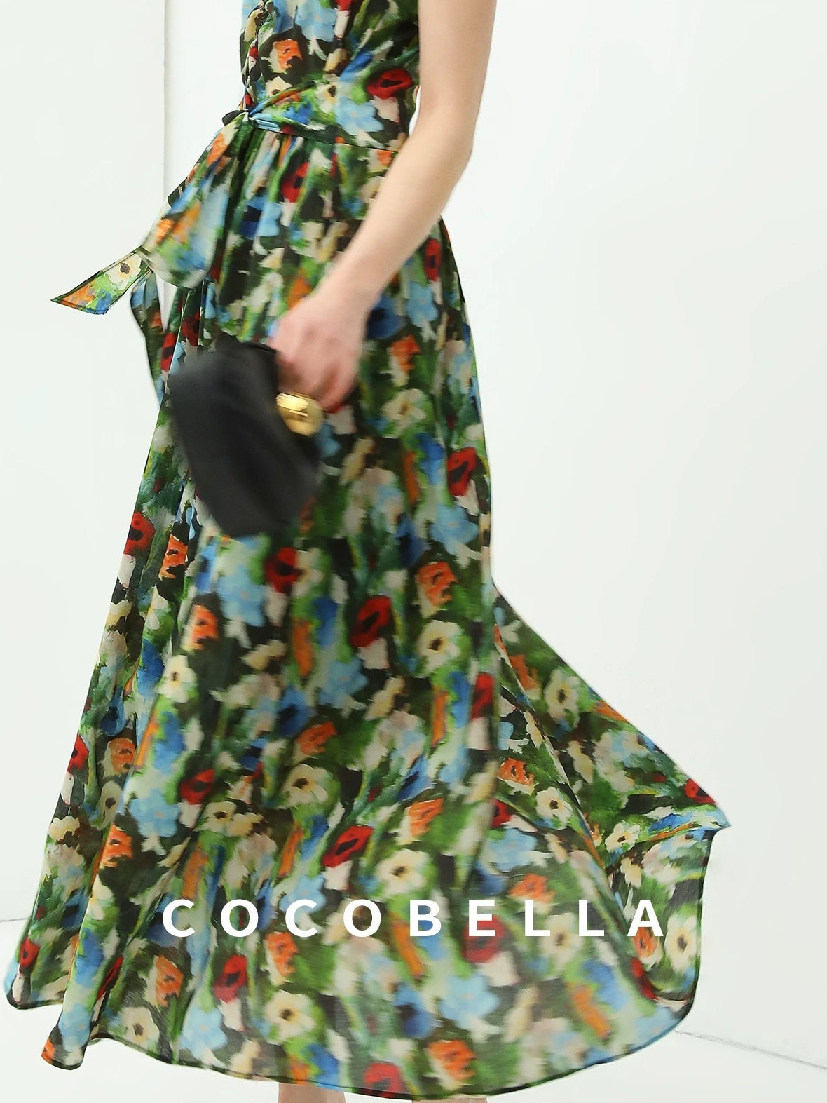 COCOBELLA Painterly Floral V Neck Ruched Tie Strap A Line Women Work Slip Dresses