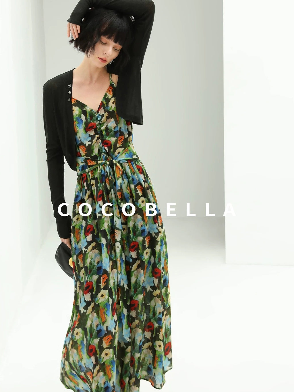 COCOBELLA Painterly Floral V Neck Ruched Tie Strap A Line Women Work Slip Dresses