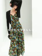 COCOBELLA Painterly Floral V Neck Ruched Tie Strap A Line Women Work Slip Dresses