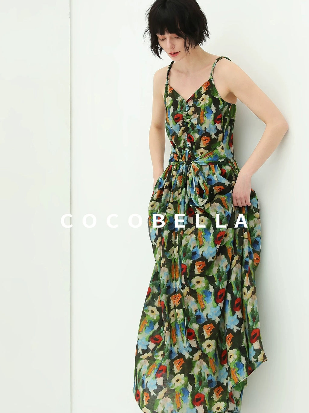 COCOBELLA Painterly Floral V Neck Ruched Tie Strap A Line Women Work Slip Dresses