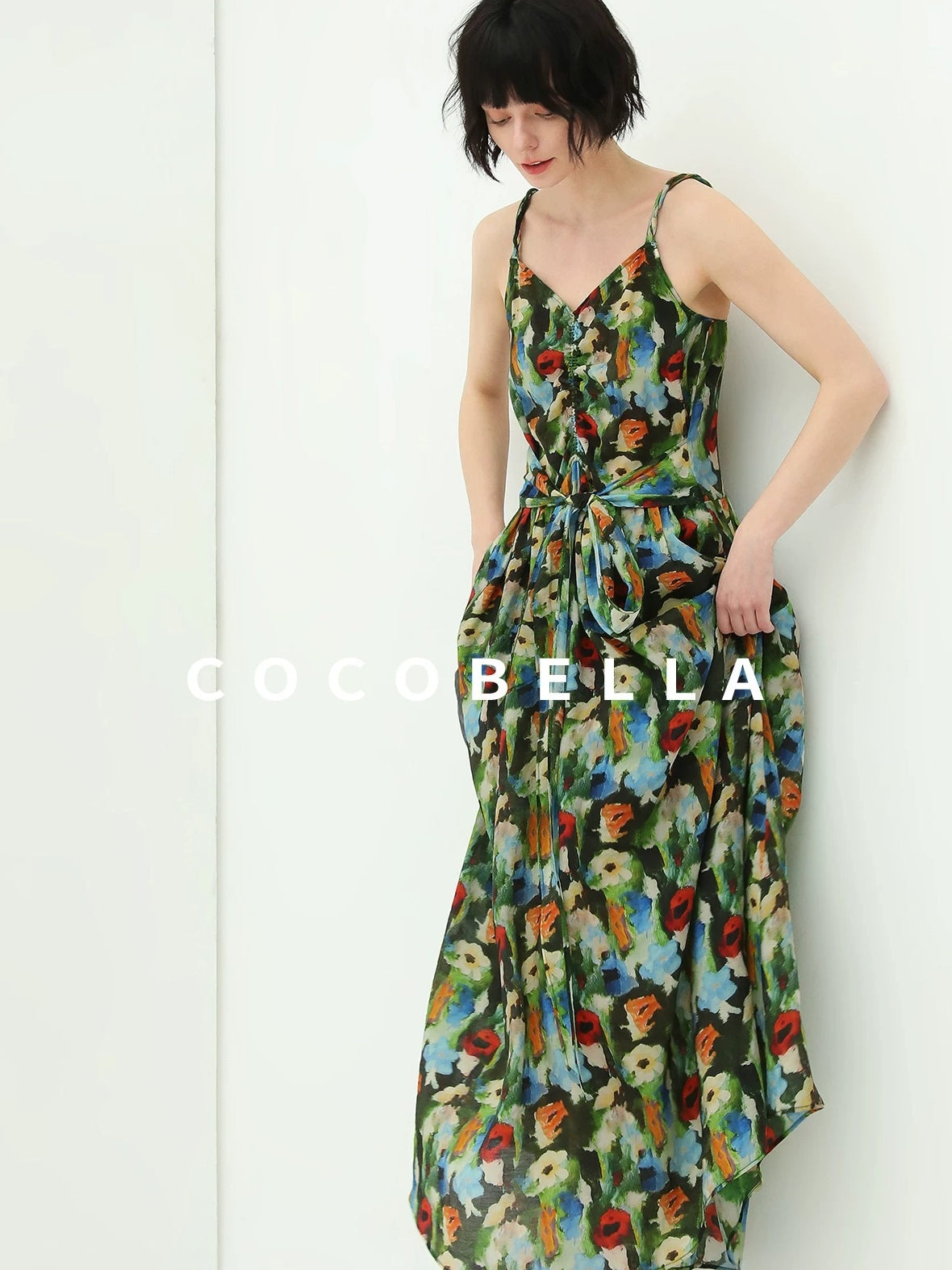 COCOBELLA Painterly Floral V Neck Ruched Tie Strap A Line Women Work Slip Dresses