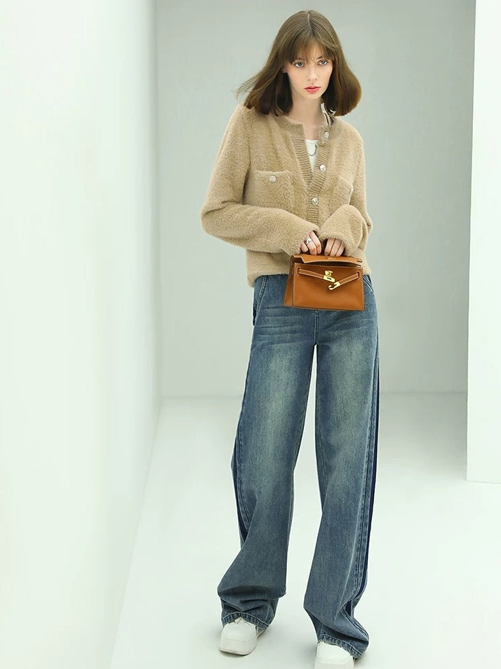 COCOBELLA Patchwork Denim Straight Leg Natural Waist Zipper Fly Women Jeans Pants