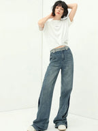 COCOBELLA Patchwork Denim Straight Leg Natural Waist Zipper Fly Women Jeans Pants