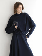 COCOBELLA Patchwork Knit Set Elegant Relaxed Fit Women Pullover Collar Sweater