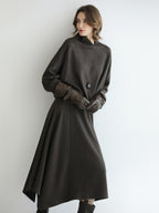 COCOBELLA Patchwork Knit Two Piece Set Stand Collar Long Sleeve Loose Fit Women Sweater