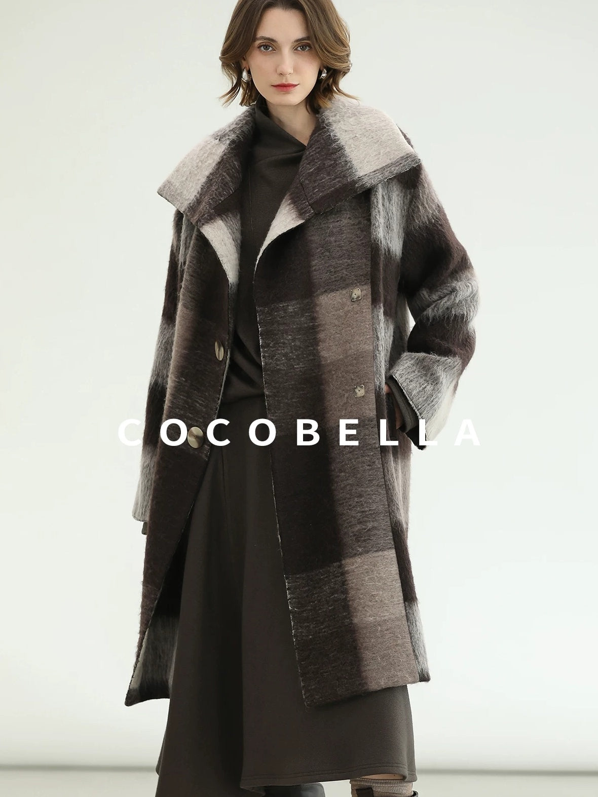 COCOBELLA Patchwork Knit Two Piece Set Stand Collar Long Sleeve Loose Fit Women Sweater