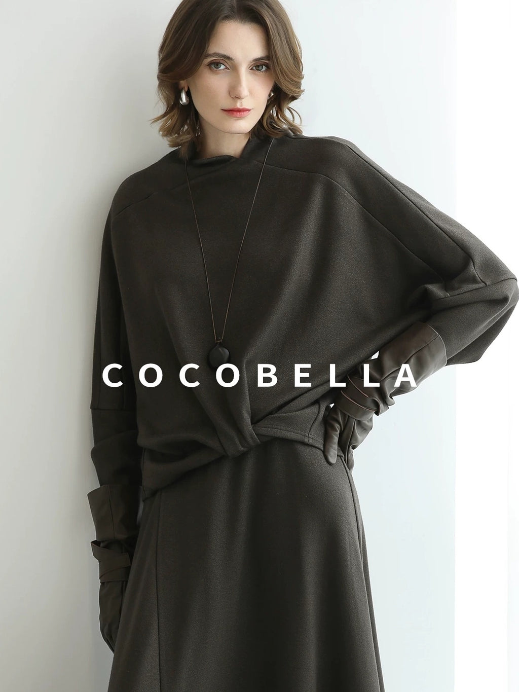 COCOBELLA Patchwork Knit Two Piece Set Stand Collar Long Sleeve Loose Fit Women Sweater
