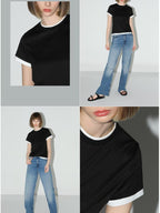 COCOBELLA Patchwork Short Sleeve Regular Fit Office Women Poly Cotton Black T-Shirts