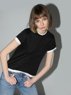 COCOBELLA Patchwork Short Sleeve Regular Fit Office Women Poly Cotton Black T-Shirts