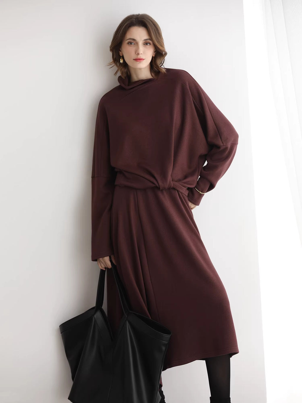COCOBELLA_Patchwork_Two_Piece_Loose_Fit_Stand_Collar_Long_Sleeve_Women_Knit_Dress_Sweater_MISSTT