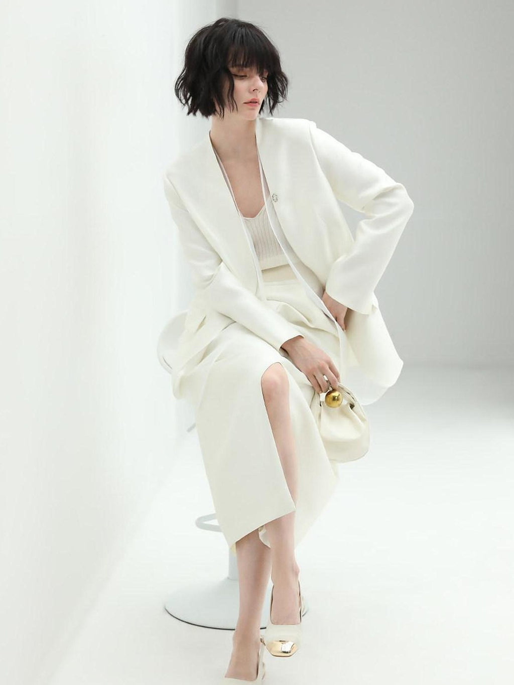 COCOBELLA Pearl White Mesh Patchwork Slim Fit Office Open Pocket Longsleeve Blazers