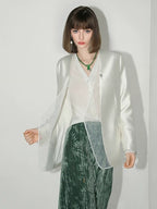 COCOBELLA Pearl White Mesh Patchwork Slim Fit Office Open Pocket Longsleeve Blazers