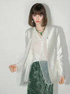 COCOBELLA Pearl White Mesh Patchwork Slim Fit Office Open Pocket Longsleeve Blazers