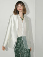 COCOBELLA Pearl White Mesh Patchwork Slim Fit Office Open Pocket Longsleeve Blazers