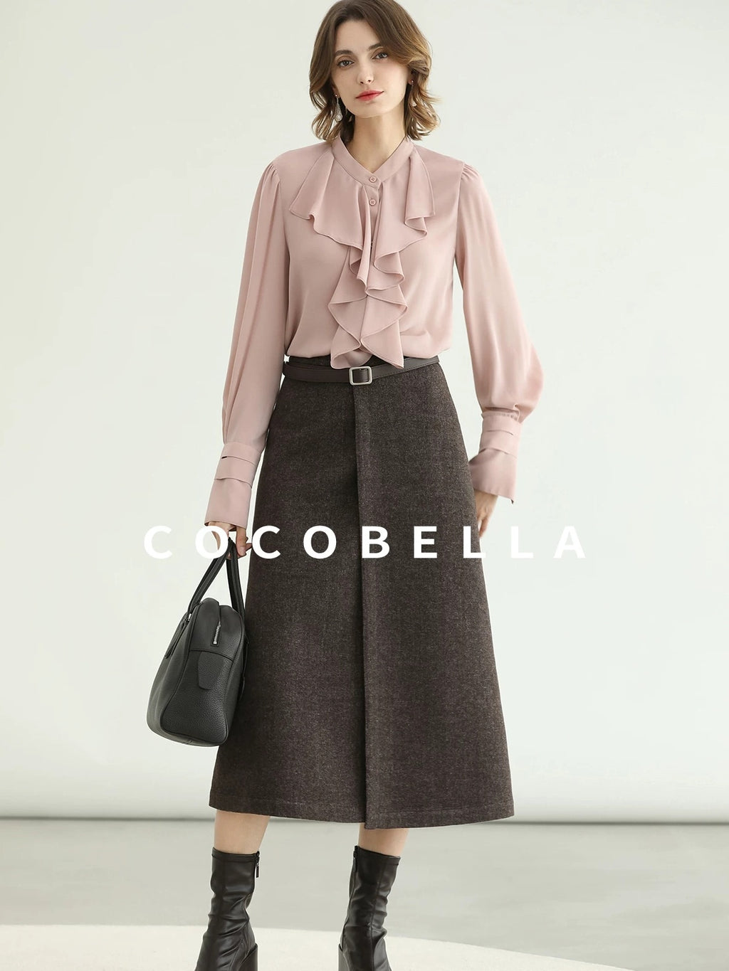 COCOBELLA Petal Pink French Ruffle Collar Button Straight Fit Women Long Sleeve Shirts