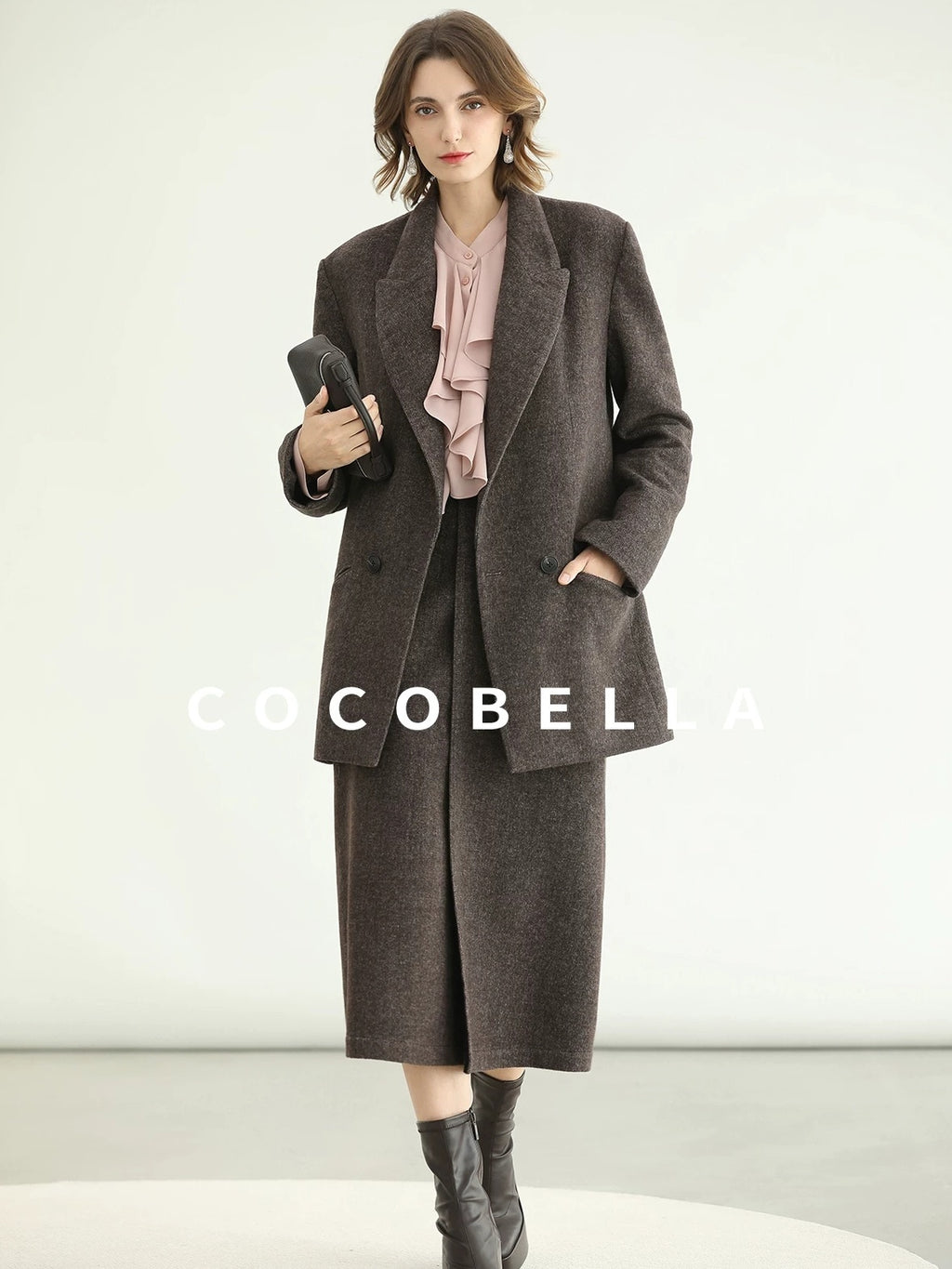COCOBELLA Petal Pink French Ruffle Collar Button Straight Fit Women Long Sleeve Shirts