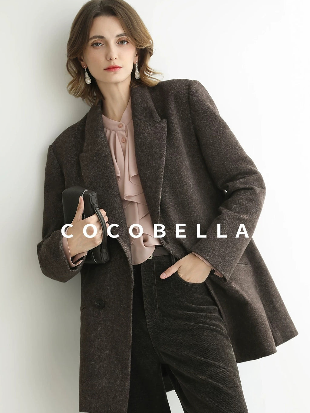 COCOBELLA Petal Pink French Ruffle Collar Button Straight Fit Women Long Sleeve Shirts