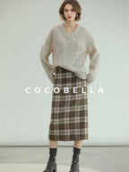 COCOBELLA Plaid High Waist Lined Patchwork Straight Ol Office Women Midi Wool Blend Skirts