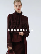 COCOBELLA Pleated Lace Patchwork French Straight Petal Sleeve Women Polyester T-Shirts