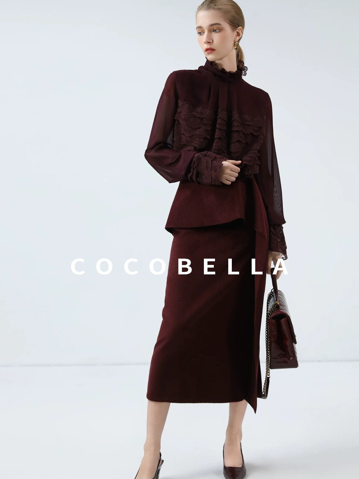 COCOBELLA Pleated Lace Patchwork French Straight Petal Sleeve Women Polyester T-Shirts