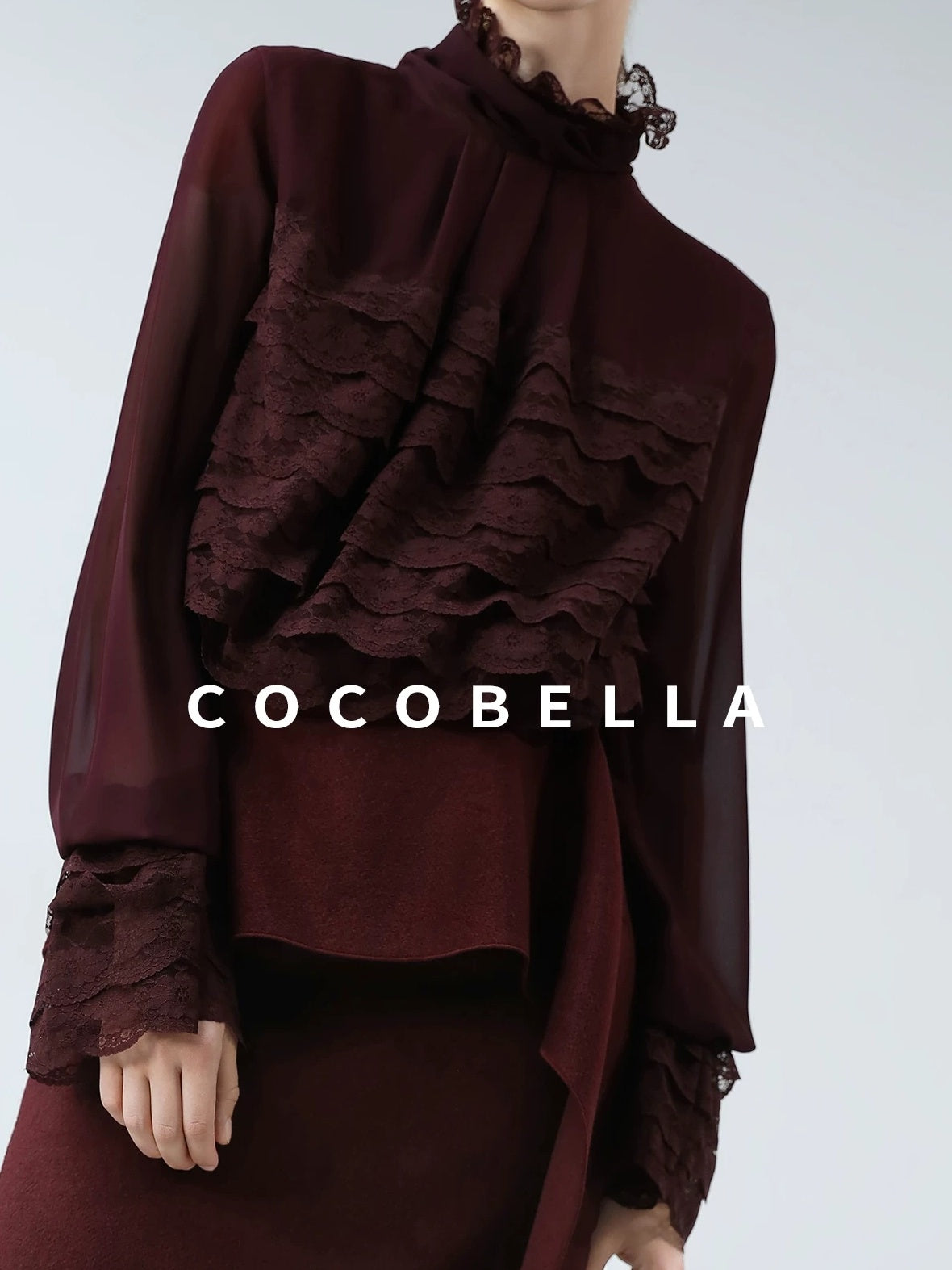 COCOBELLA Pleated Lace Patchwork French Straight Petal Sleeve Women Polyester T-Shirts