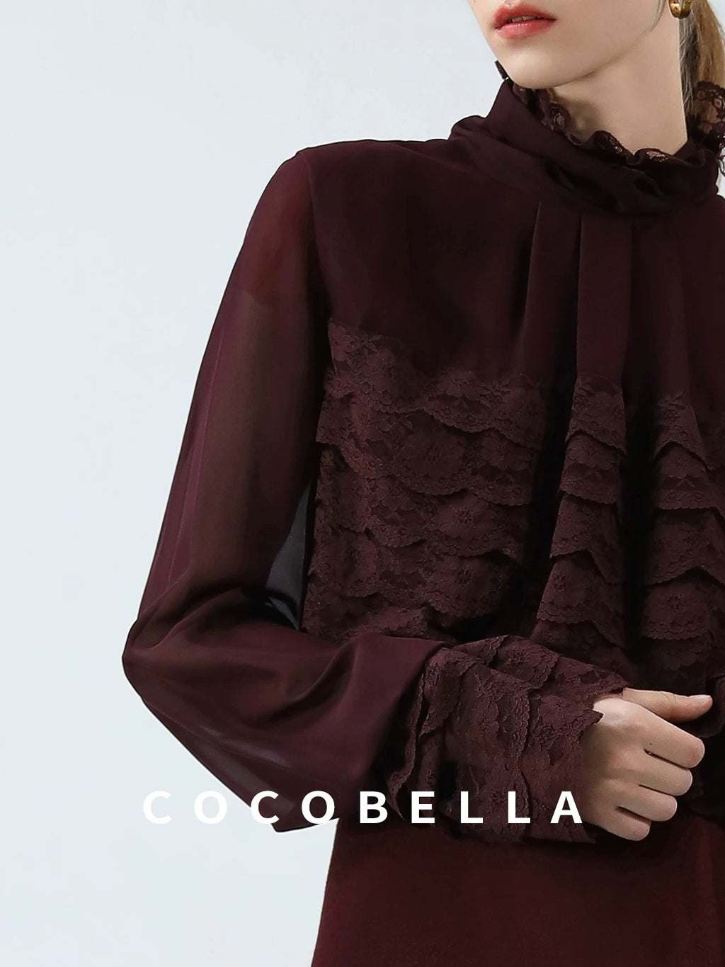 COCOBELLA Pleated Lace Patchwork French Straight Petal Sleeve Women Polyester T-Shirts
