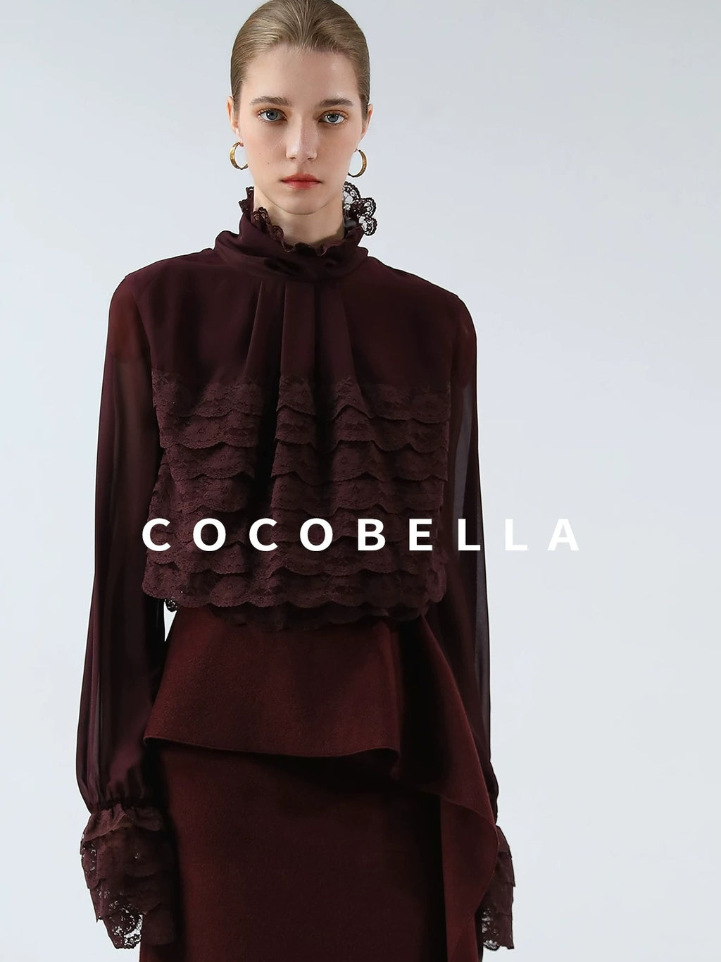 COCOBELLA Pleated Lace Patchwork French Straight Petal Sleeve Women Polyester T-Shirts