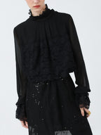 COCOBELLA Pleated Lace Patchwork French Straight Petal Sleeve Women Polyester T-Shirts