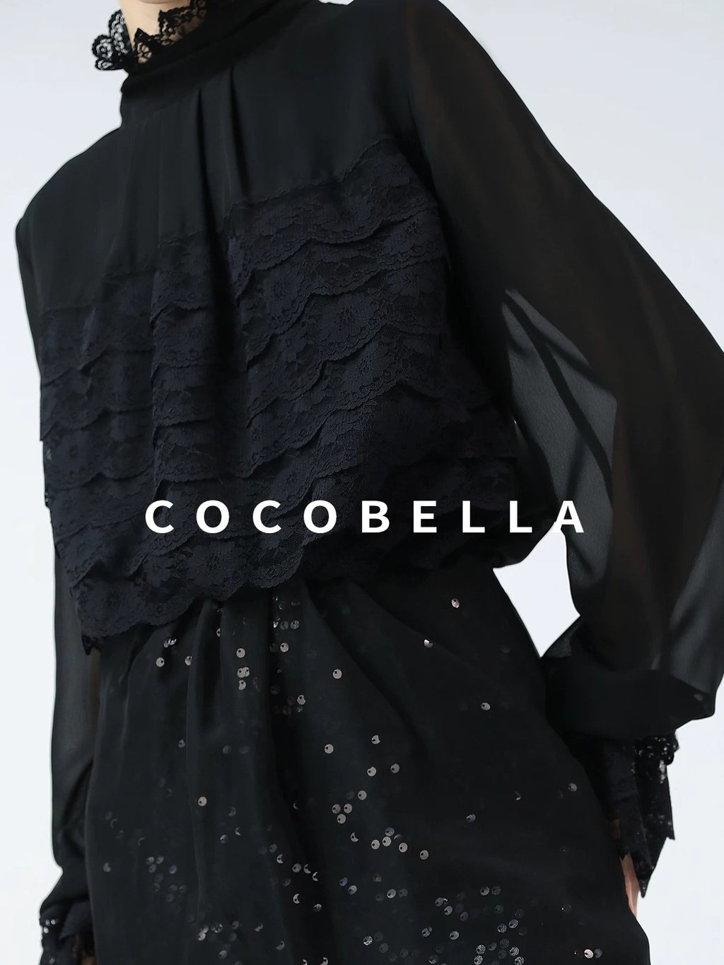 COCOBELLA Pleated Lace Patchwork French Straight Petal Sleeve Women Polyester T-Shirts