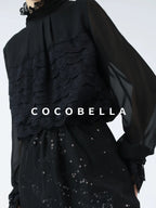 COCOBELLA Pleated Lace Patchwork French Straight Petal Sleeve Women Polyester T-Shirts