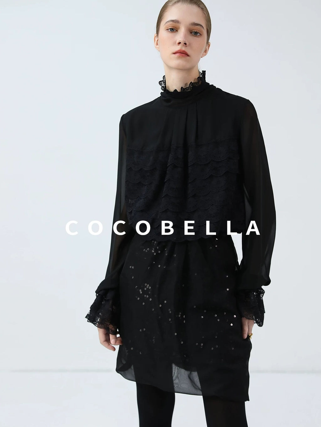 COCOBELLA Pleated Lace Patchwork French Straight Petal Sleeve Women Polyester T-Shirts