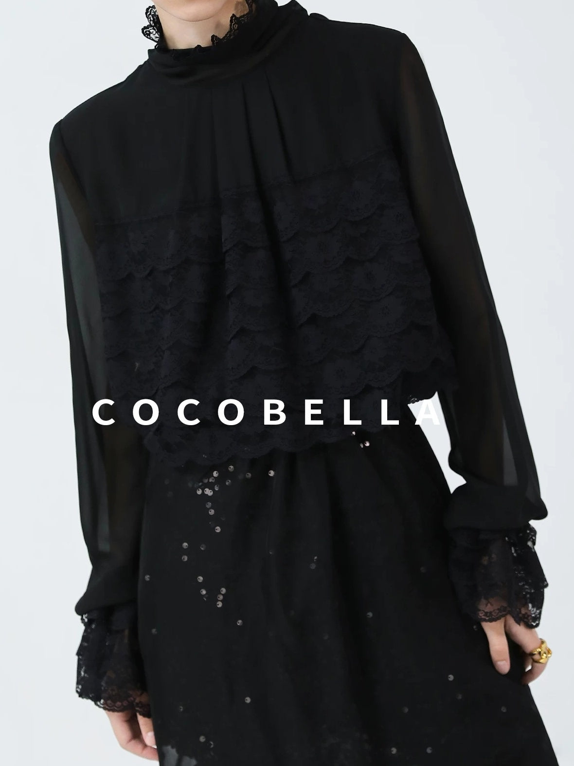 COCOBELLA Pleated Lace Patchwork French Straight Petal Sleeve Women Polyester T-Shirts